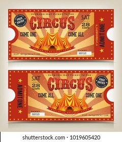 Vintage Circus Entry Tickets/
Illustration of two circus tickets, with big top, free entry and admit one coupon mention, come one come all text elements for arts festival events, with front and back