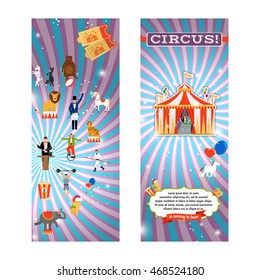 Vintage circus flyer template with tent and circus elements. Vector illustration