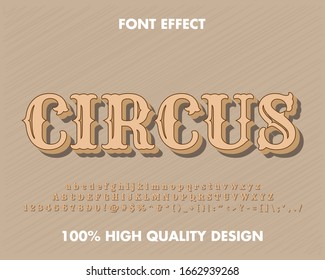 Vintage Circus Font And Text Effect Brown Color With Shadow Full Set Alphabet Template And Number. For Headline And Title. Premium Vector