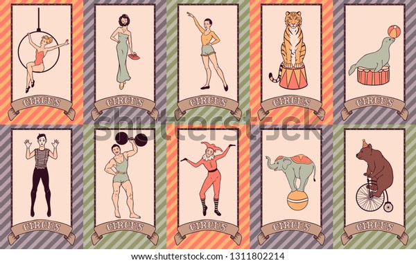 Vintage circus hand drawn characters set, performers, people and