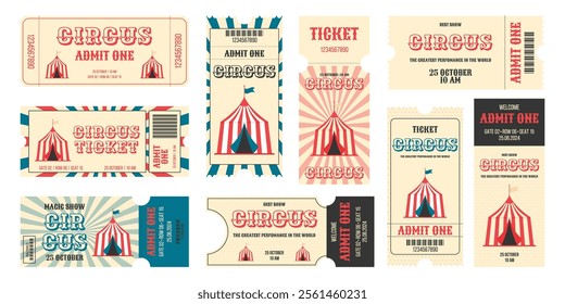 Vintage circus horizontal and vertical tickets set. Striped circus tents and more details events. Flat vector illustration on white background