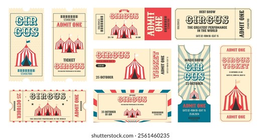 Vintage circus horizontal and vertical tickets set. Striped circus tents, decorative elements and more details events. Flat vector illustration on white background