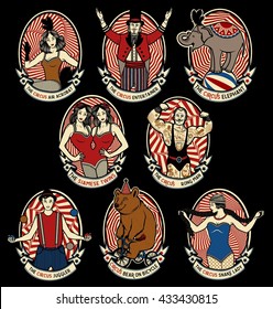 Vintage Circus icons collection. The strong man, The siamese twins, The Entertainer, The  Air Acrobat, The Snake Lady, The Juggler, The Elephant, The  Bear on Bicycle. Vector illustration.
