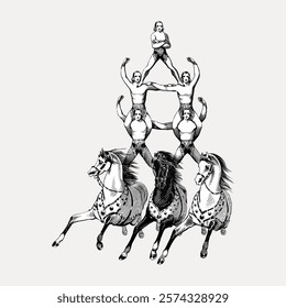 Vintage circus illustration of acrobats performing on horses. Acrobats balance on horses, showcasing strength and skill. Classic circus scene with acrobats and horses. Vintage illustration vector.