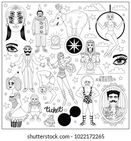 Vintage circus illustrations collection. Flash tattoes set. Lineart illustrations for adult coloring book. Circus perfomers. Strong man, tattooed man, psychic, fortune teller, clown, entertainer.