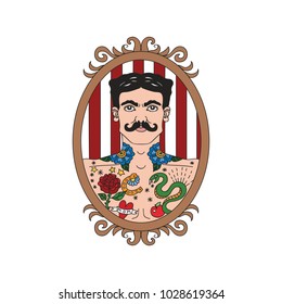 Vintage circus illustrations collection. Flash tattoo. Circus perfomers. Tattooed man