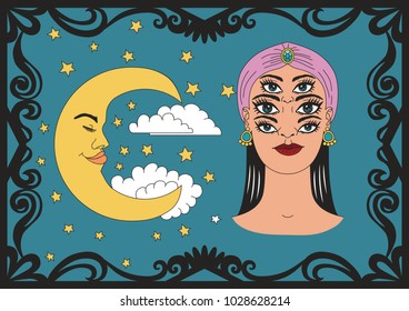 Vintage circus illustrations collection. Flash tattoo. Circus perfomer. Psychic, fortune teller
