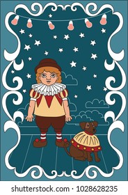 Vintage circus illustrations collection. Flash tattoo. Little tamer boy with dog on stage.