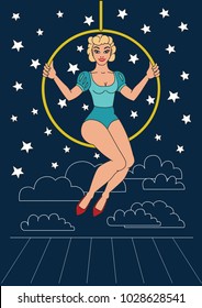 Vintage circus illustrations collection. Flash tattoo. Circus perfomer. Entertainer. Trapeze artist. Air gymnast girl. Acrobat. Aerialist.