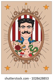 Vintage circus illustrations collection. Flash tattoo. Circus perfomers. Tattooed man