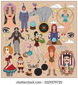 Vintage circus illustrations collection. Flash tattoes set. Lineart illustrations for adult coloring book. Circus perfomers. Strong man, tattooed man, psychic, fortune teller, clown, entertainer