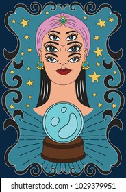 Vintage circus illustrations collection. Flash tattoo. Circus perfomer. Psychic, fortune teller. Magic ball. Fantasy