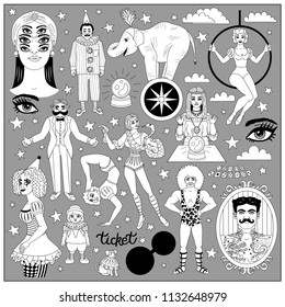 Vintage circus illustrations collection. Flash tattoes set. Lineart illustrations for adult coloring book. Circus perfomers. Strong man, tattooed man, psychic, fortune teller, clown, entertainer