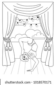 Vintage circus illustrations collection. Lineart illustrations for adult coloring book. Circus perfomer. Entertainer. Gymnast girl. Acrobat