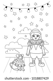 Vintage circus illustrations collection. Lineart illustration for adult coloring book. Little tamer boy with dog on stage.