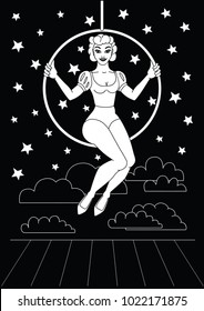 Vintage circus illustrations collection. Lineart illustrations for adult coloring book. Circus perfomer. Entertainer. Trapeze artist. Air gymnast girl. Acrobat. Aerialist.