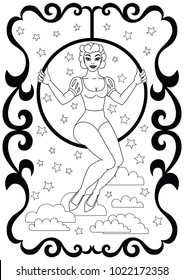 Vintage circus illustrations collection. Lineart illustrations for adult coloring book. Circus perfomer. Entertainer. Trapeze artist. Air gymnast girl. Acrobat. Aerialist.