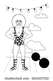 Vintage circus illustrations collection. Stromg man in leopard costume