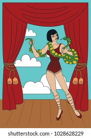 Vintage circus illustrations collection. Tall woman with the anaconda. Flash tattoo