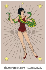 Vintage circus illustrations collection. Tall woman with the anaconda. Flash tattoo