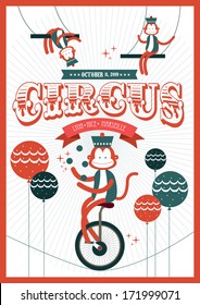 vintage circus juggling monkey on stilt template vector/illustration