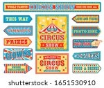 Vintage circus labels and carnival signboards set, arrow pointers and entertainment show banners with chapiteau tent. Clowns, gymnasts badges or stickers collection in retro style, vector illustration