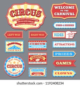 Vintage circus labels and carnival signboards vector collection. Illustration of circus label, show banner entertainment