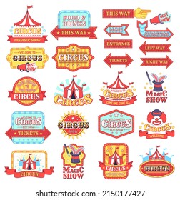 Vintage circus labels, fun entertaiment emblem collection. Vector entertainment circus emblem, retro and vintage show carnival illustration