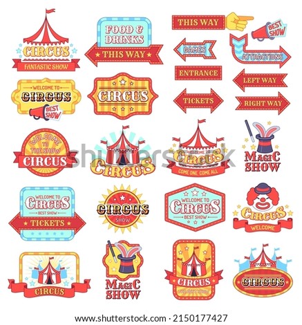 Vintage circus labels, fun entertaiment emblem collection. Vector entertainment circus emblem, retro and vintage show carnival illustration
