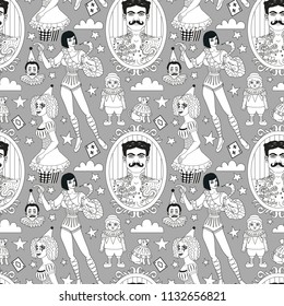 Vintage circus. Lineart illustrations for adult coloring book. Circus perfomers. Tattooed man, clown, tamer boy with dog, snake tamer, harlequin