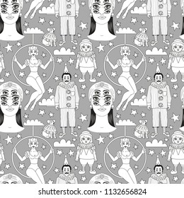 Vintage circus. Lineart illustrations for adult coloring book. Circus perfomers. Psychic, fortune teller, clown, entertainer, gymnast, acrobat, trapeze artist air gymnast aerialist