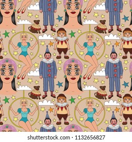Vintage circus. Lineart illustrations for adult coloring book. Circus perfomers. Psychic, fortune teller, clown, entertainer, gymnast, acrobat, trapeze artist air gymnast aerialist