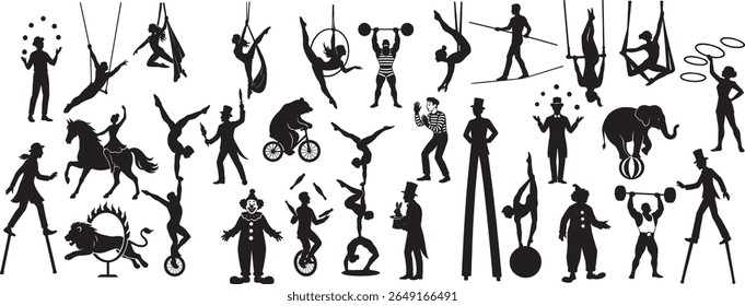 Vintage Circus Performers Silhouettes Vector Set of Entertainers and Animals	