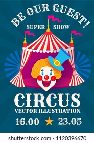 Vintage Circus Poster with Big Top and Smiling Clown. Vector illustration