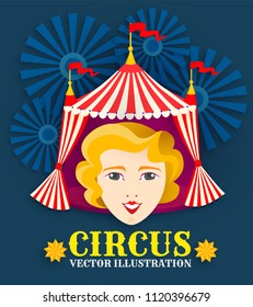 Vintage Circus Poster with Big Top and Retro Girl Face. Vector illustration