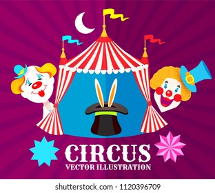 Vintage Circus Poster with Big Top, Rabbit in Magic Hat, Moon, Flag Garland and Clowns. Vector illustration