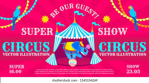 Vintage Circus Poster with Big Top Elephant on Striped Ball, Parrots and Flag Garland. Show Flyer Template. Vector illustration