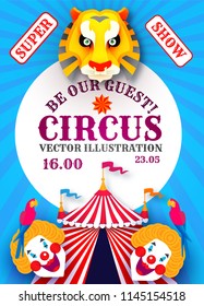 Vintage Circus Poster with Big Top, Circle banner, Tiger Herd and Smiling Clowns. Vector illustration