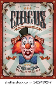 Vintage Circus Poster With Big Top/
Illustration of retro and vintage circus poster background, with design clown face and grunge texture for arts festival events and entertainment background