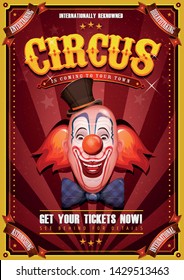 Vintage Circus Poster With Clown Head/
Illustration of retro and vintage circus poster background, with design clown face and grunge texture for arts festival events and entertainment background