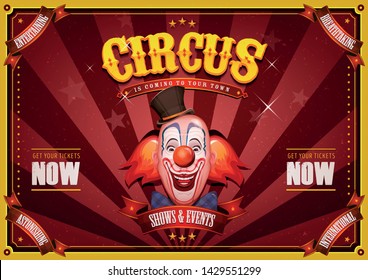 Vintage Circus Poster With Clown Head/
Illustration of retro and vintage circus poster background, with design clown face and grunge texture for arts festival events and entertainment background