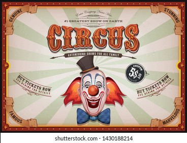 Vintage Circus Poster With Clown Head/
Illustration of retro and vintage circus poster background, with design clown face and grunge texture for arts festival events and entertainment background