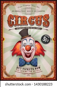 Vintage Circus Poster With Clown Head/
Illustration of retro and vintage circus poster background, with design clown face and grunge texture for arts festival events and entertainment background