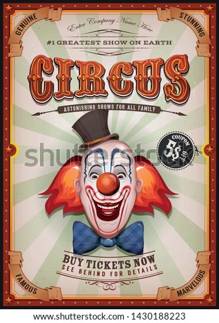 Vintage Circus Poster With Clown Head/
Illustration of retro and vintage circus poster background, with design clown face and grunge texture for arts festival events and entertainment background