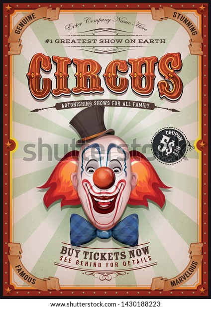 Vintage Circus Poster With Clown Head/
Illustration of retro and vintage circus poster background, with design clown face and grunge texture for arts festival events and entertainment background