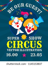 Vintage Circus Poster Template with Smiling Clowns and Flag Garlands. Vector illustration