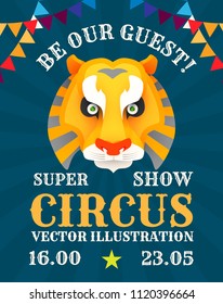 Vintage Circus Poster with Tiger Head. Show Flyer Template. Vector illustration