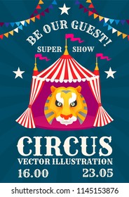 Vintage Circus Poster with Tiger Head and Flag Garland. Show Flyer Template. Vector illustration