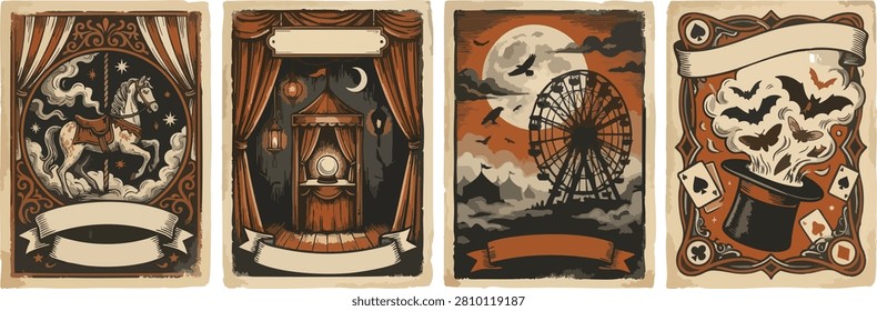 Vintage circus posters, carnival theme, retro graphics, theatrical