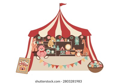 Vintage circus prize booth with plush toys, bunting flags and festive decorations. Retro fairground game stall for carnival, amusement park, childrens party, posters and holiday designs. Hand drawn